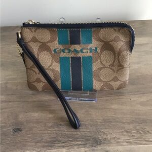 Coach Varsity Coated Canvas Corner Zip Wristlet w/Navy & Teal Stripes & Hangtag